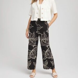 NWT Chicos Linen Blend Black Cream Embroidered Wide Leg Pants Sz M